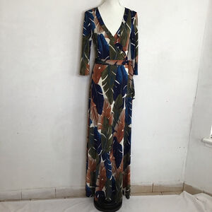 Janette Women Elegant Blue Brown Tropical Leaf Print V-Neck Maxi Dress M